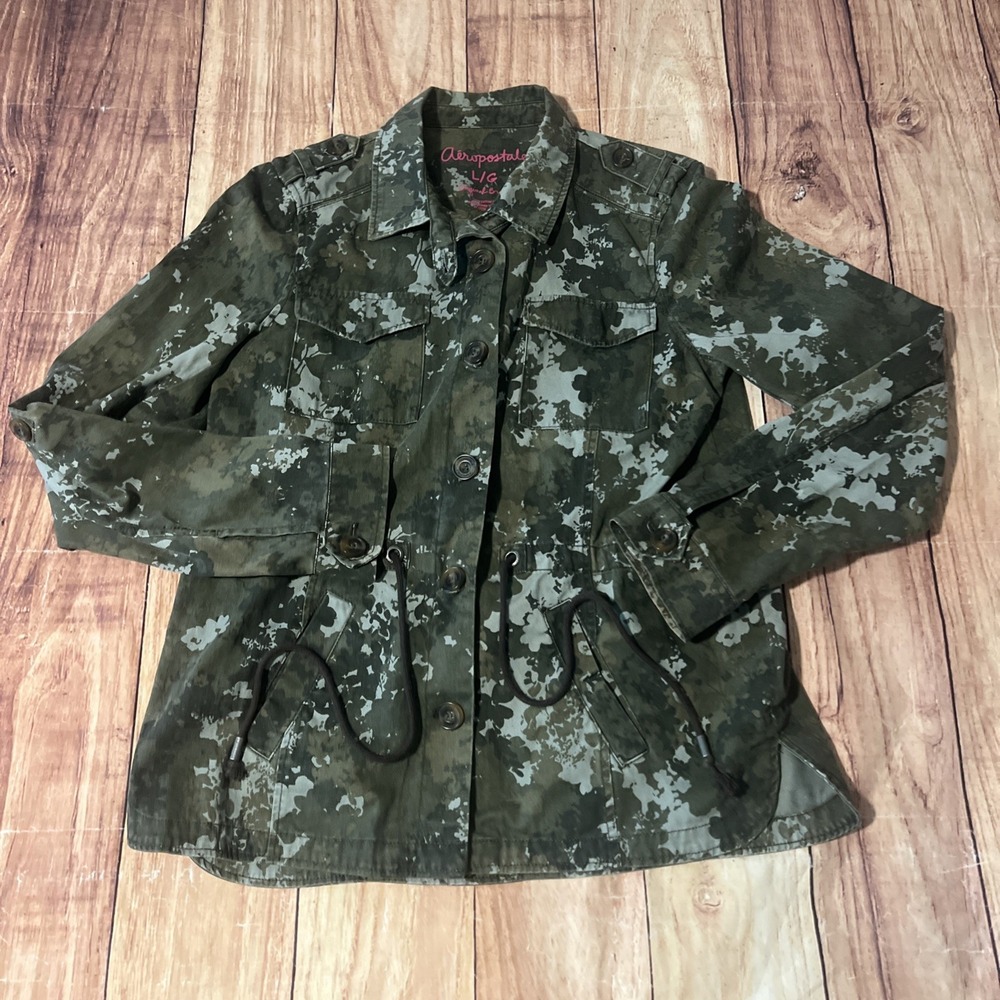 Aeropostale Jacket Womens L Green Camo Utility Button Up Military Style Cotton